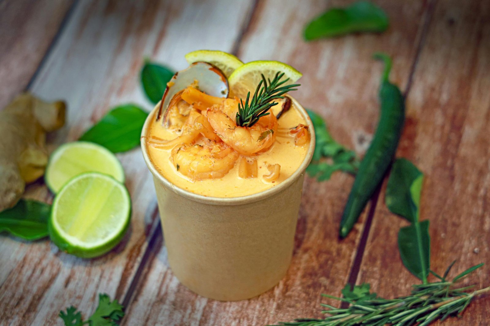 Creamy shrimp soup garnished with lime and fresh herbs on a rustic wooden table.